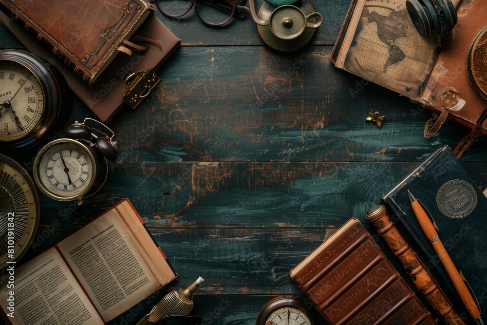 Leinwandbilder a table overflowing with books and clocks, symbolizing the timeless nature of knowledge and learning