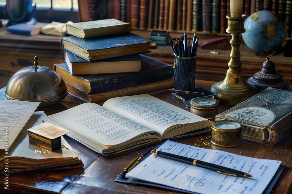 Fototapete A visually captivating scene of a table adorned with numerous books, accompanied by a glowing lamp casting a warm light on the literary collection. Generative AI