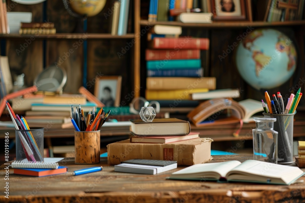 Poster a wooden table adorned with a collection of books and colorful pencils, inviting inspiration and cre