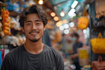 Portrait of young handsome asian man smiling in the city.
