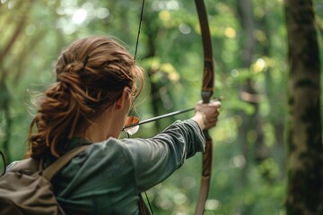 A young woman practicing archery in a forest glade, her focus intense as she aims for the target amidst the quiet of nature