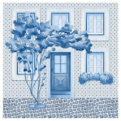 A European house with azulejos square ceramic tiles on architectural facade and stone paving as souvenir postcard.With old wooden door,windows,flowers bougainvillea.In monochrome blue and white