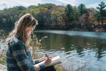 Obraz premium A young woman journaling by a tranquil lakeside, her thoughts flowing onto the pages as she sits in quiet contemplation of the natural beauty around her