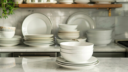 Clean plates and bowls on white marble countertop in kitchen