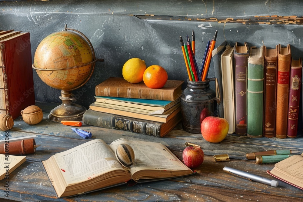 Poster a table adorned with an assortment of books and a detailed globe, creating a scene of knowledge and 