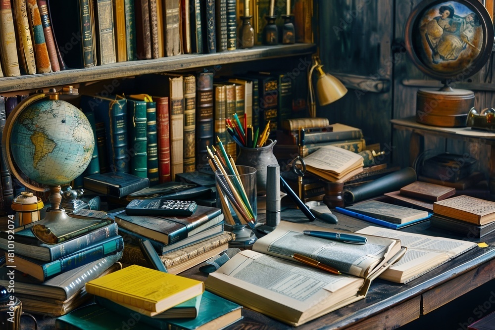 Fototapete a desk adorned with a plethora of books and a globe, showcasing a world of information and endless l
