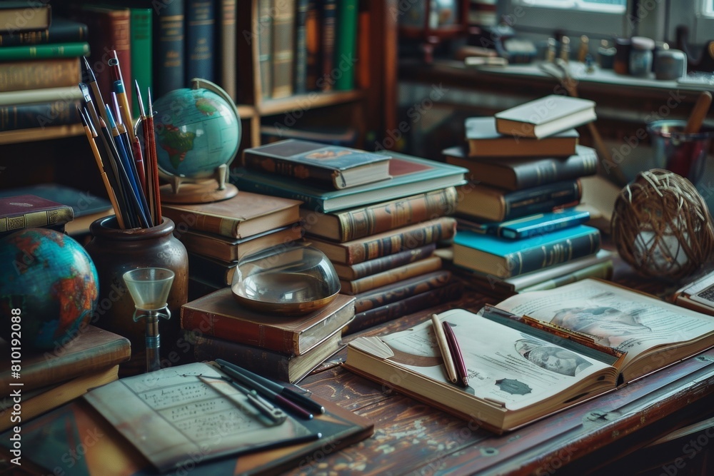 Leinwandbilder a multitude of books scattered across a table, creating a vibrant and inspiring scene for book lover
