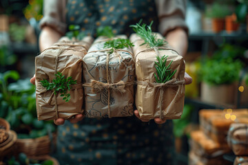 Female florist holding craft paper boxes with fresh herbs in her hands.
