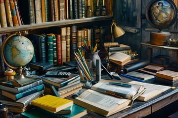 A desk adorned with a plethora of books and a globe, showcasing a world of information and endless learning possibilities. Generative AI