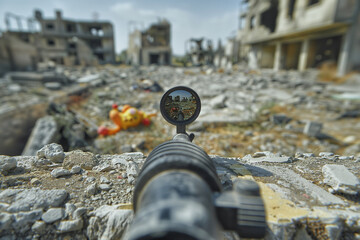telescopic sight of a rifle pointed at a baby's toy lying on the ground over the ruins