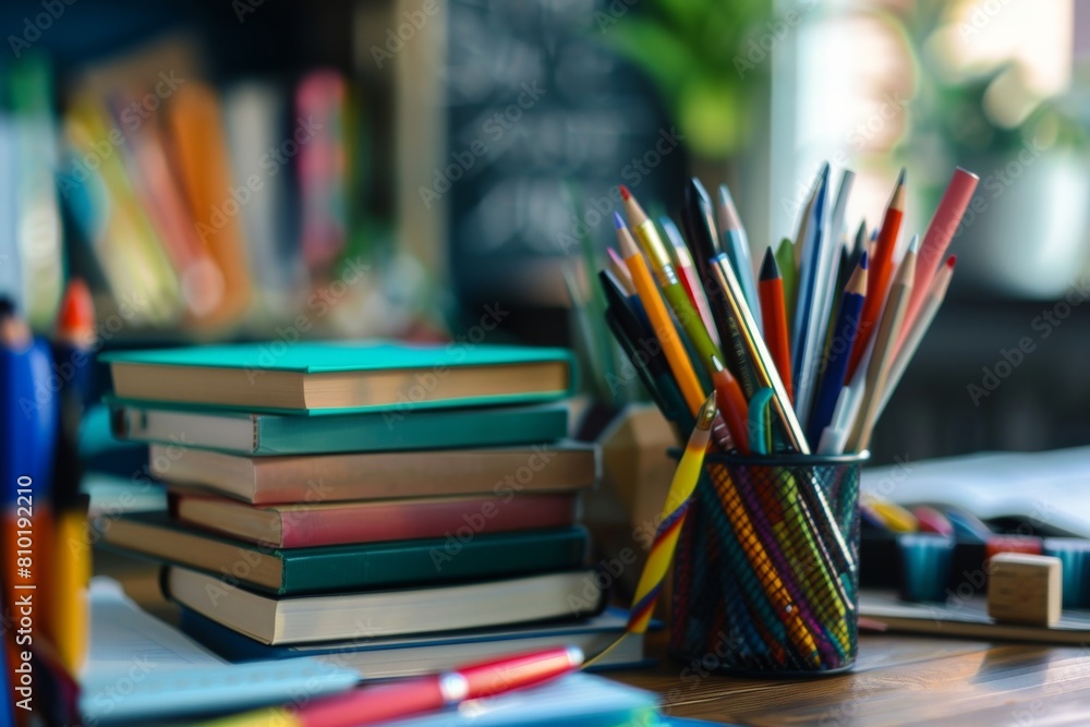 Poster a towering stack of books sits atop a vintage wooden table, showcasing a collection of literary wond