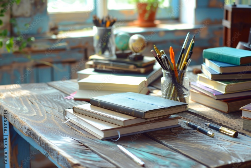 Leinwandbilder a wooden table holds a plethora of books, stacked neatly atop each other, creating a cozy ambiance o