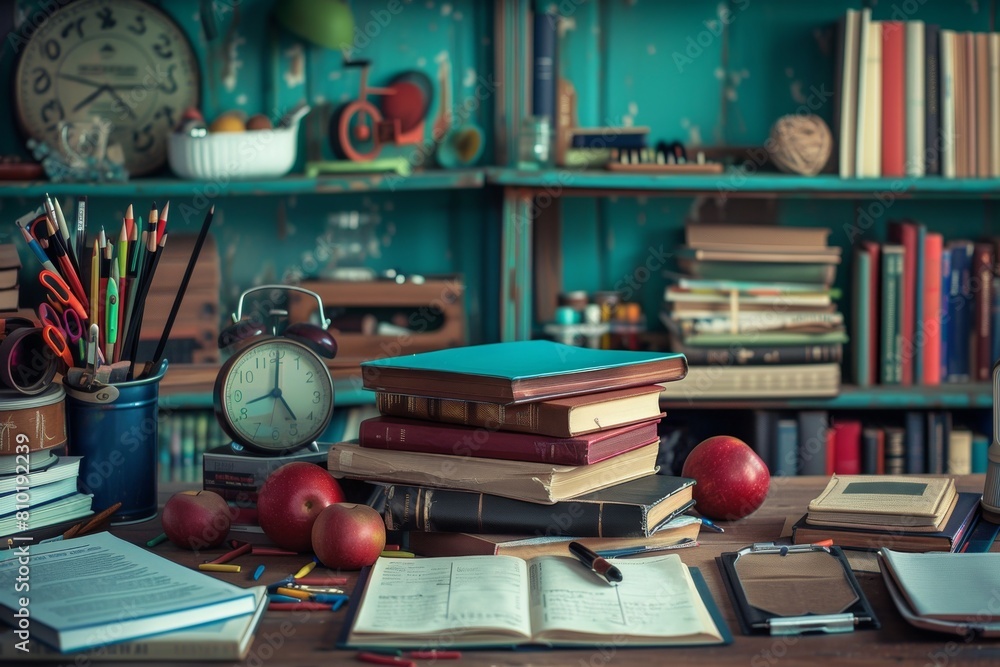 Poster a wooden table adorned with a multitude of books, creating a captivating display of literary treasur