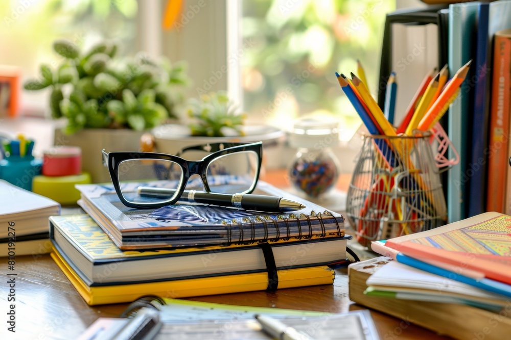 Poster a stack of books rests upon a rustic wooden table, creating a striking visual of organized knowledge