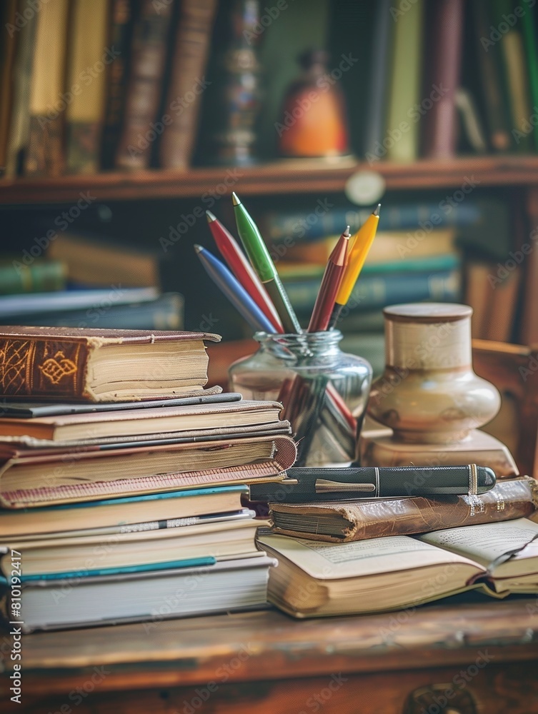 Poster A stack of colorful books sits neatly on a rustic wooden table, casting a shadow in the soft light. Generative AI