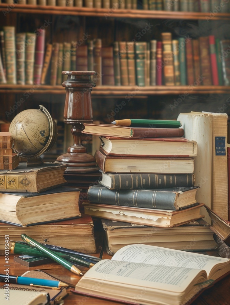 Poster A collection of assorted books rests neatly atop a rustic wooden table, creating a cozy and inviting reading nook. Generative AI