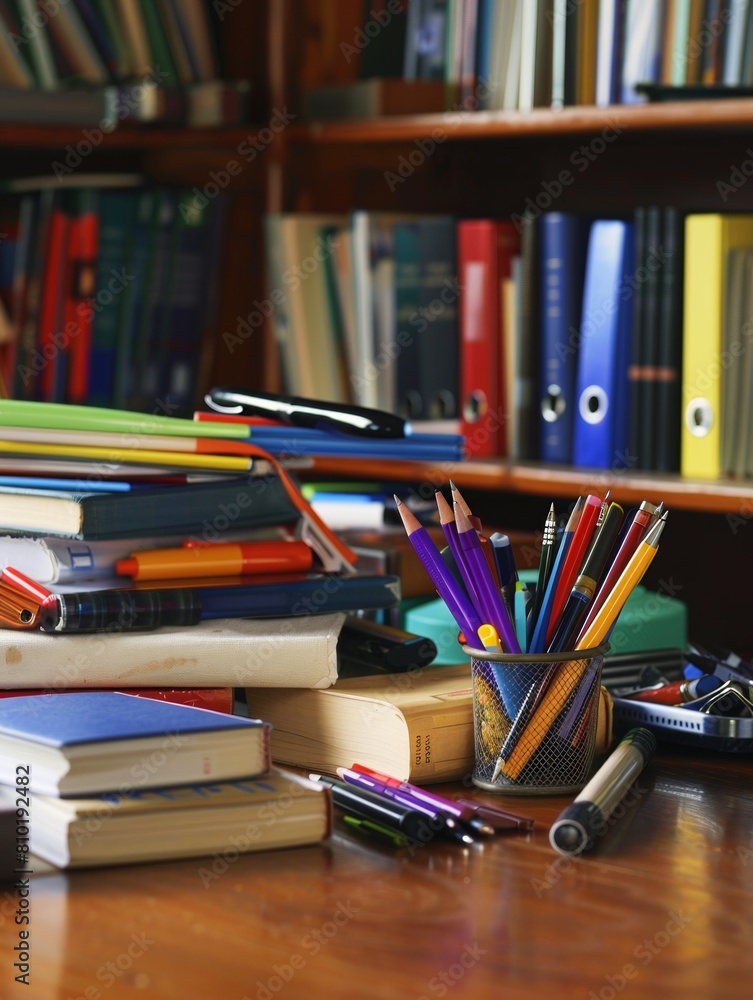 Poster a wooden table adorned with a plethora of books and pencils, creating a serene and studious atmosphe