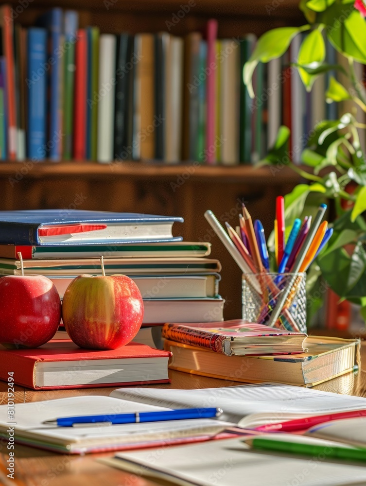 Aufkleber a wooden table adorned with a stack of books and a ripe apple, surrounded by a cozy ambiance. genera