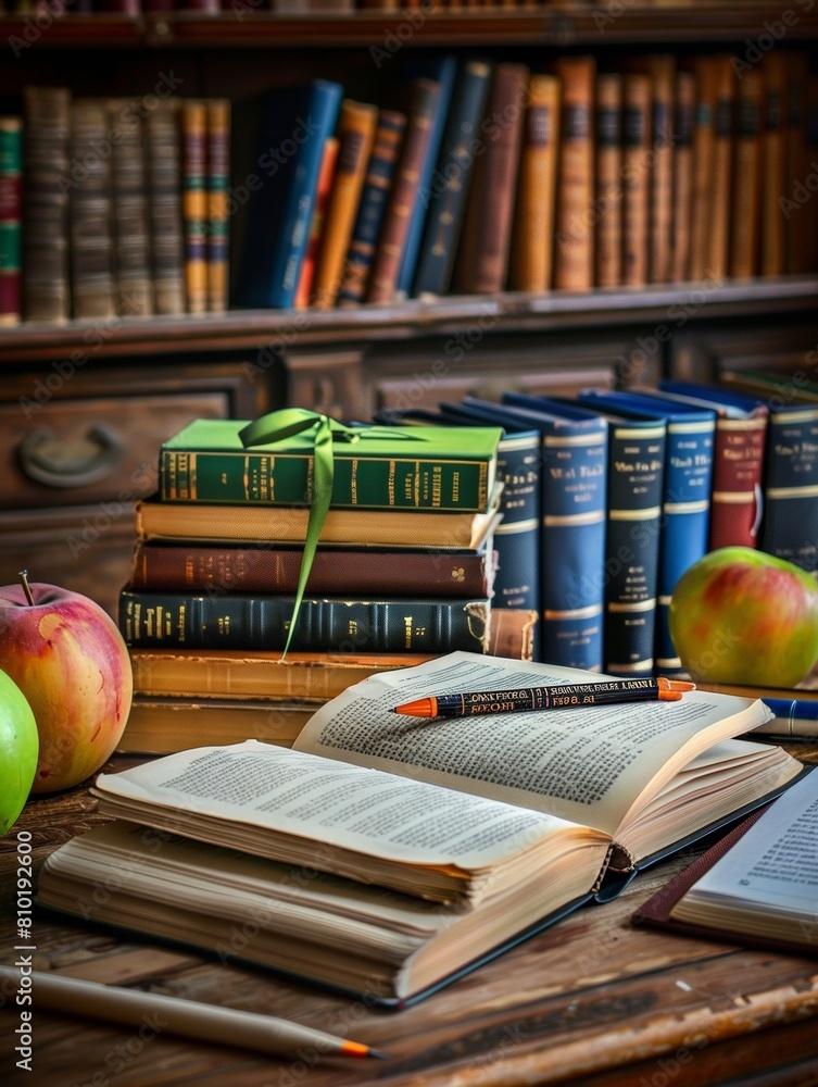 Leinwandbilder a wooden table adorned with a vibrant display of books and apples, inviting contemplation and nouris