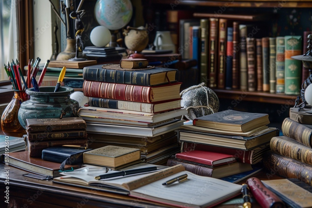 Poster a table adorned with an array of books under the natural light streaming from a nearby window. gener