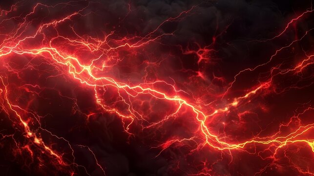 dramatic big bright red neon lightning strike on dark background 3d illustration