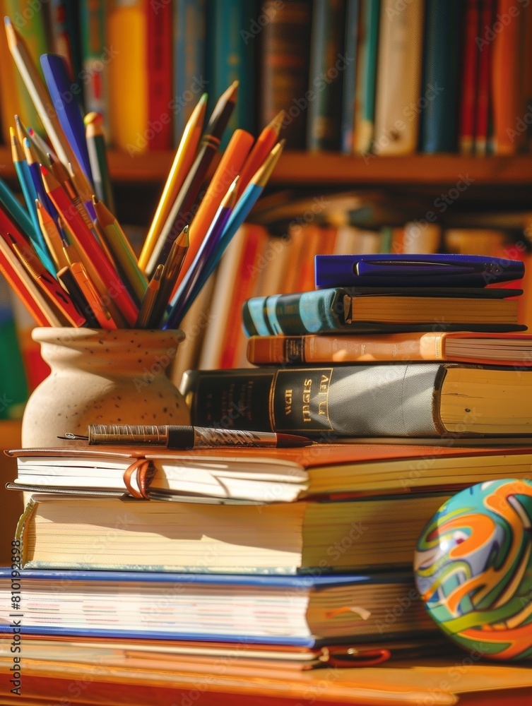 Leinwandbilder a towering stack of books perched on a rustic wooden table, symbolizing a passion for learning and a