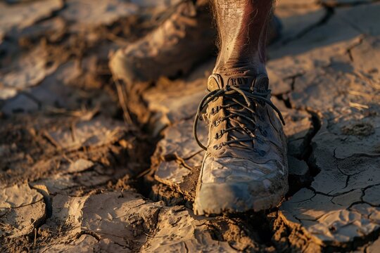 A dynamic close-up of a parched man navigating the scorching desert terrain, embodying resilience and perseverance