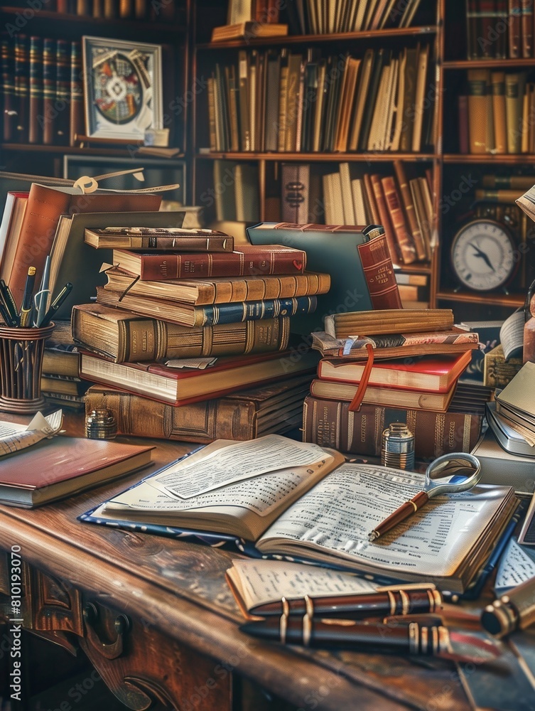 Poster a room bursting with books, a clock ticking away, creating an atmosphere of endless knowledge and le