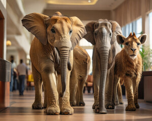Funny elephant majestic large animals inside the hotel interior.