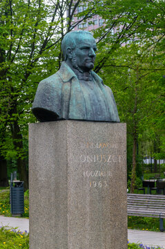Lodz, Poland - April 14, 2024: Bronze bust of Stanislaw Moniuszko.