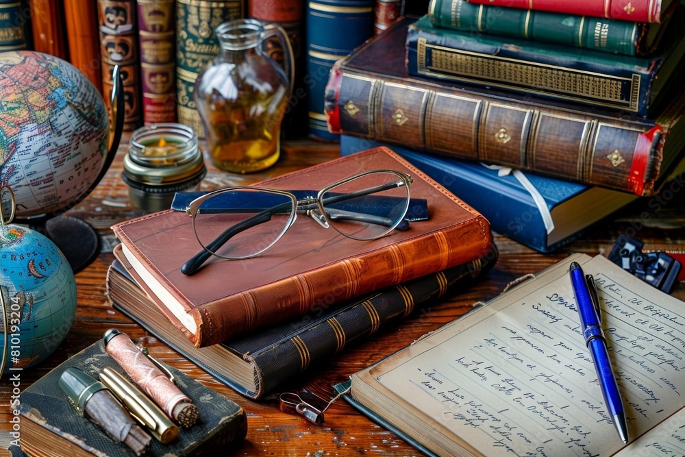 Poster a table overflowing with colorful books and glasses, creating a whimsical and intellectual atmospher
