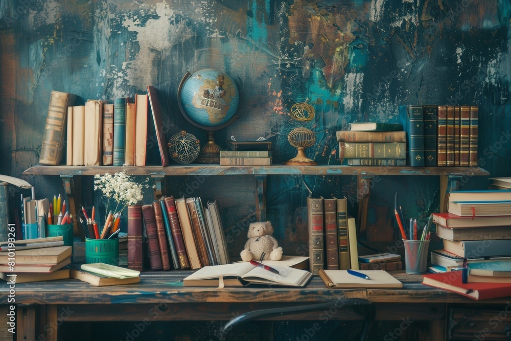 Aufkleber A bookshelf stacked with numerous books stands beside a desk adorned with pens and educational supplies, evoking a scholarly atmosphere. Generative AI