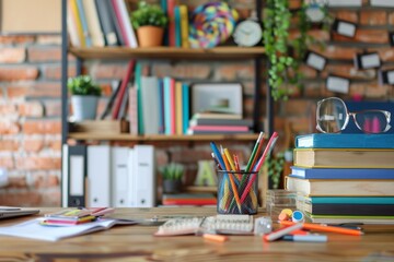 A wooden table sits adorned with a collection of books and glasses, inviting exploration and study. Generative AI