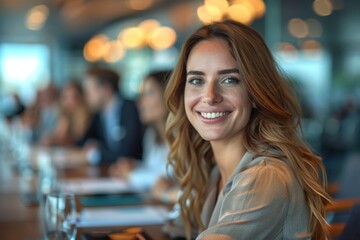 Obraz premium An attractive young businesswoman smiles lightly in a modern conference room setting with peers