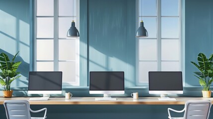 Office coworking interior with pc computers in row and window. Mockup wall realistic