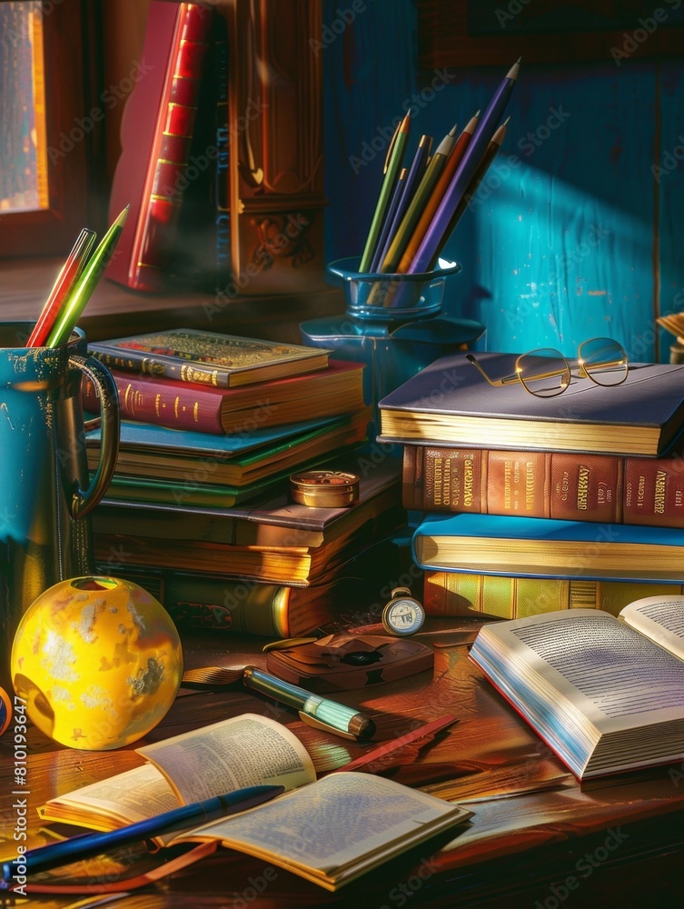 Leinwandbilder a mesmerizing painting depicting a desk adorned with an array of books, elegant pens, and a charming