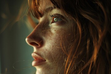 A detailed image of a woman's face as she gazes thoughtfully into the distance, with soft, diffused light highlighting her features, conveying a sense of contemplation and introspection