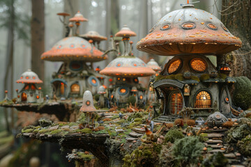 A science fiction diorama depicting an alien world with strange creatures, unique landscapes, and advanced technology. Concept of imagination. Generative Ai.