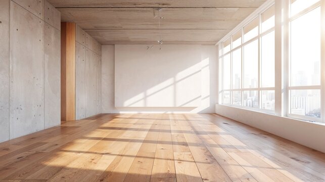 Empty Gallery Space with Oak wood floor and Light Concrete Walls. Bright modern interior with Large Windows Looking out to the City.