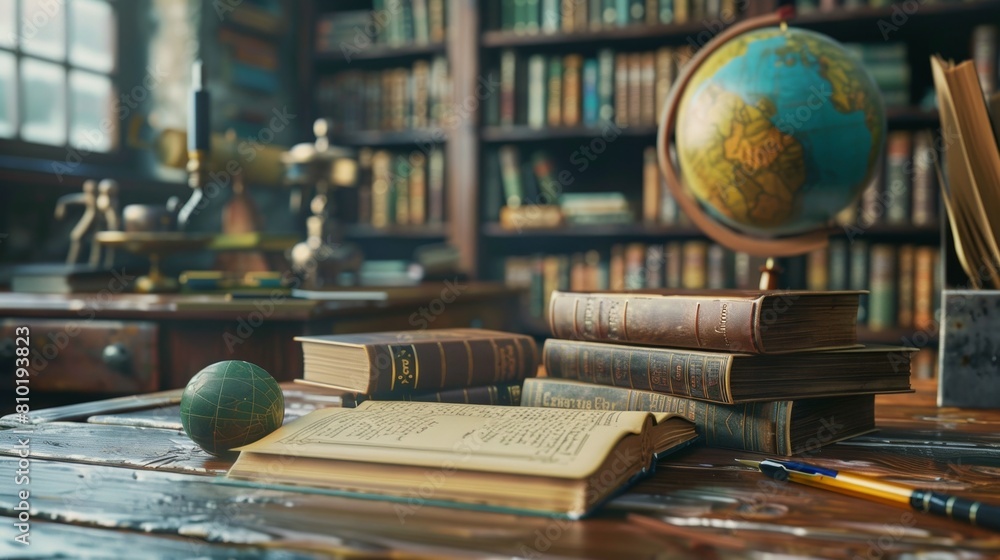 Fototapete a meticulously arranged desk adorned with stacks of books and a vibrant globe, evoking a sense of ex