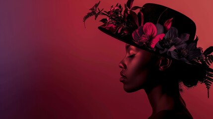 Elegant silhouette of a black woman adorned with a floral hat, highlighted on a dark gradient background with space for text