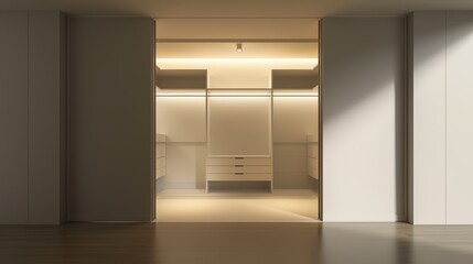 Empty and open closet in a minimalist style room, highlighting the smooth surfaces and geometric simplicity