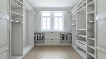 Obraz premium Empty and open closet in a minimalist style room, highlighting the smooth surfaces and geometric simplicity