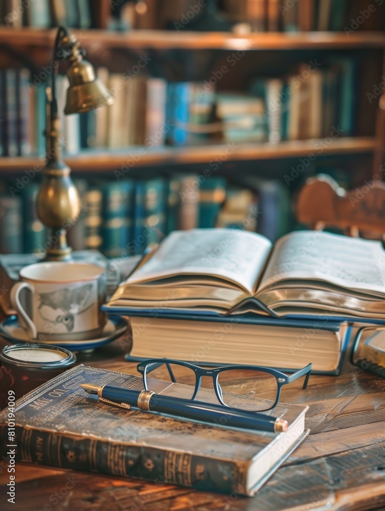 Aufkleber a table adorned with a stack of books, glasses, and a lamp, creating a cozy reading nook perfect for