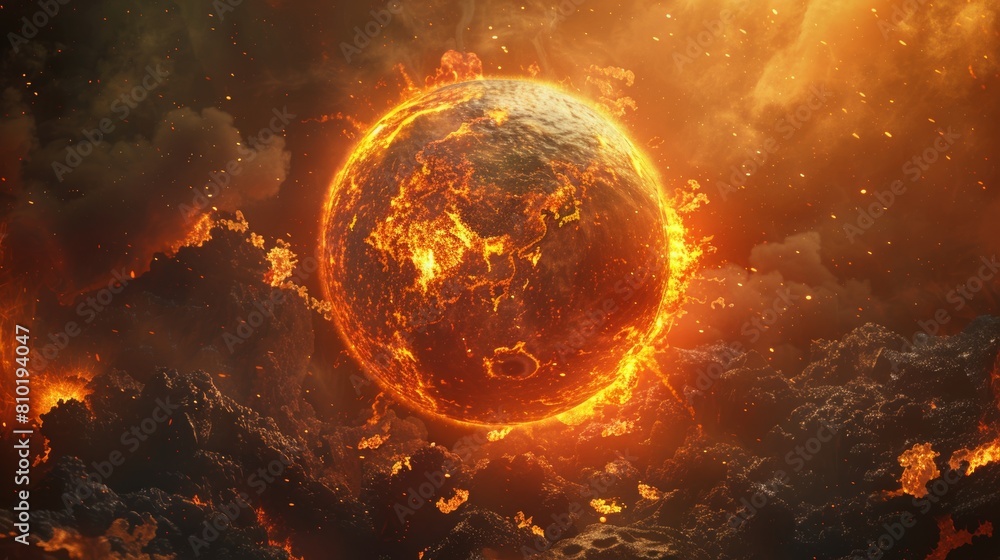 Poster the image shows a planet on fire. the planet is surrounded by flames and looks like it is about to e