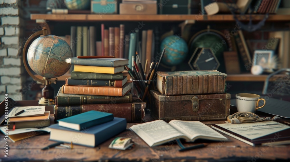 Poster A table adorned with numerous books and a globe, symbolizing vast learning opportunities and diverse perspectives in education. Generative AI