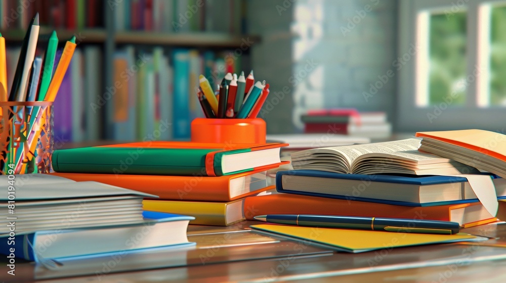 Leinwandbilder a table covered in a multitude of books and pencils, ready for learning and creativity to flourish. 