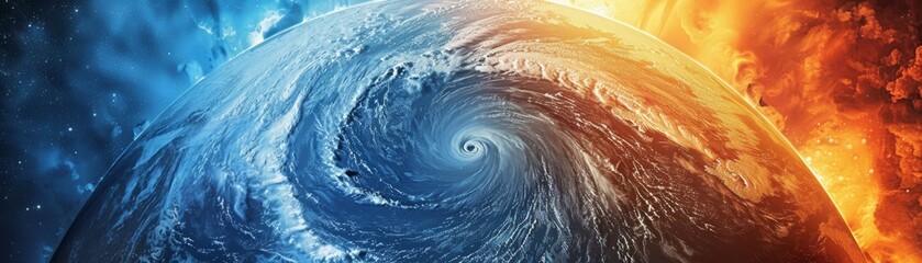 The image shows a powerful tornado with a blue and orange background.