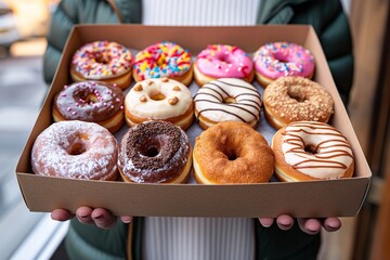 close up , hand holding a box of donuts