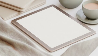 Fototapeta premium Tablet on Table with Decoration - Tablet Mockup for Application Presentation, Web Design or User Interface Design - Template for Representation and Presentation of Design